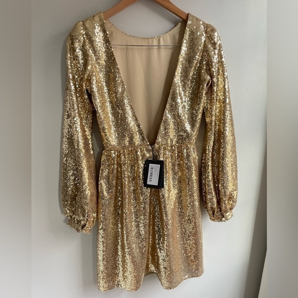 NWT Saloni Camille Gold Sequin Long Sleeve Open Back Tulle Mini Dress, UK 6 US 2 - Picture 5 of 10